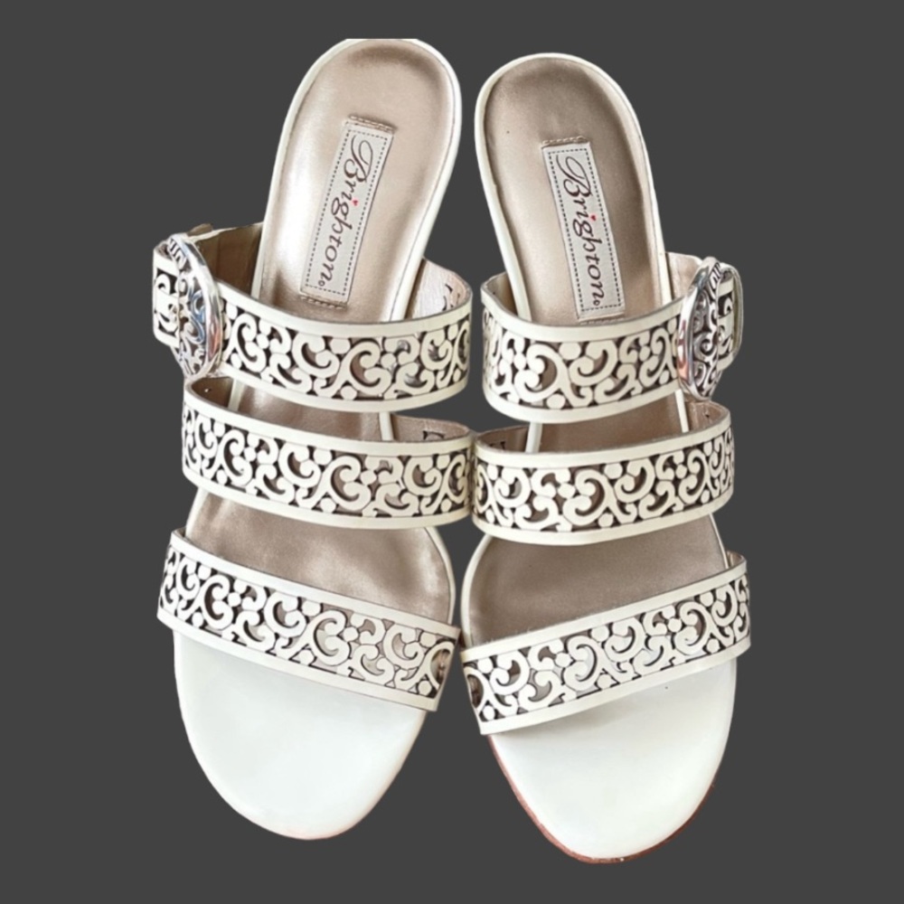 BRIGHTON | Tensel Laser Cut Patent Leather White Heeled Silver Buckle Sandals
